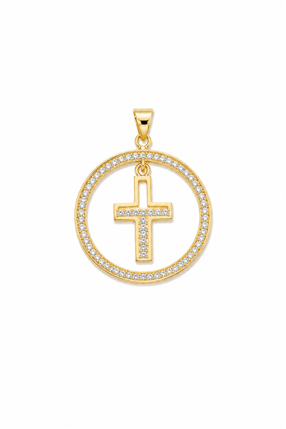 Pingente Redondo Cruz Pendulo Cristal Ouro 18k