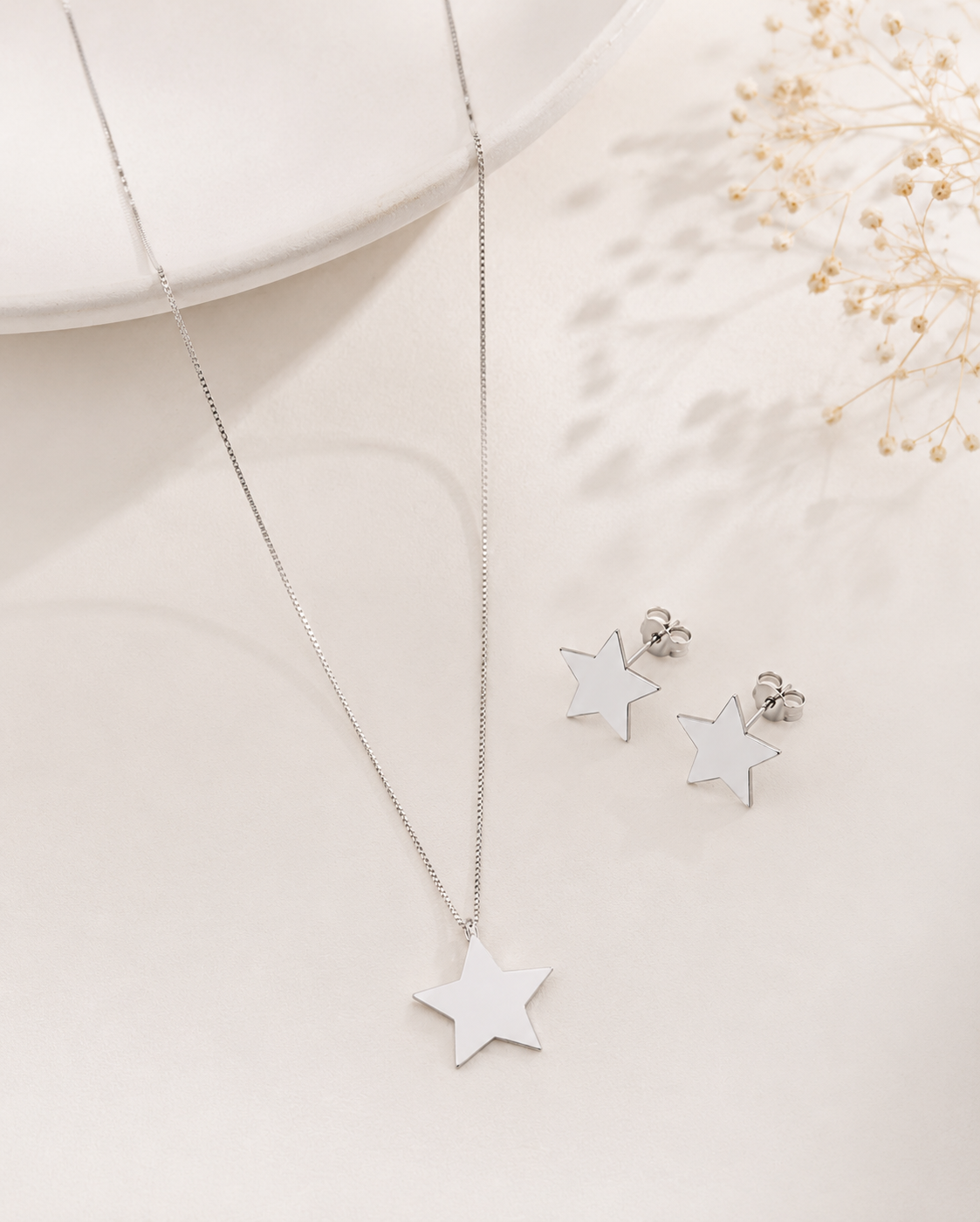 Conjunto Estrela Lisa Prata 925