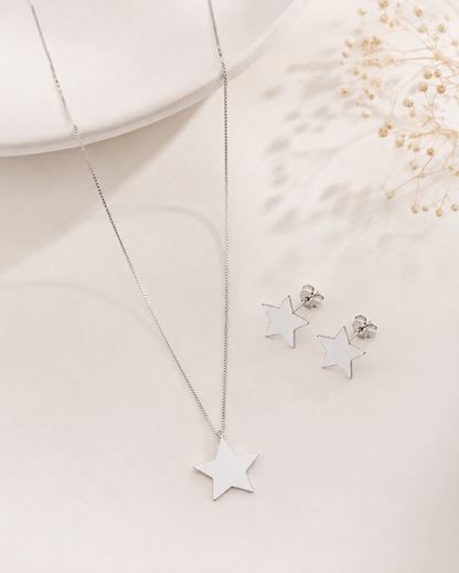 Conjunto Estrela Lisa Prata 925