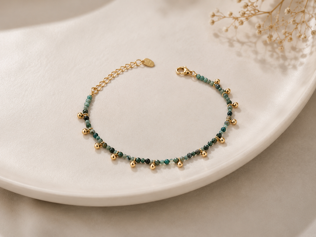 Pulseira Pedra Natural com Bolinha de Metal Ouro 18k