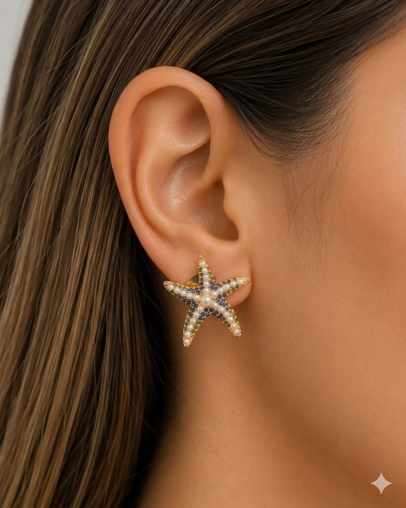 Brinco Ocean Queen Safira Azul com Esmeralda Ouro 18k