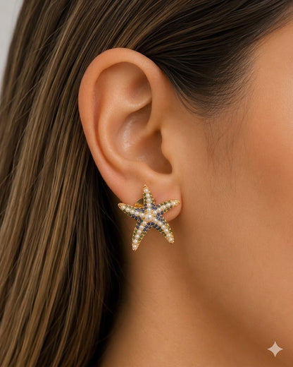 Brinco Ocean Queen Safira Azul com Esmeralda Ouro 18k