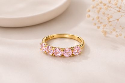 Anel Rainbow Meia Aliança Quartzo Rosa Ouro 18k