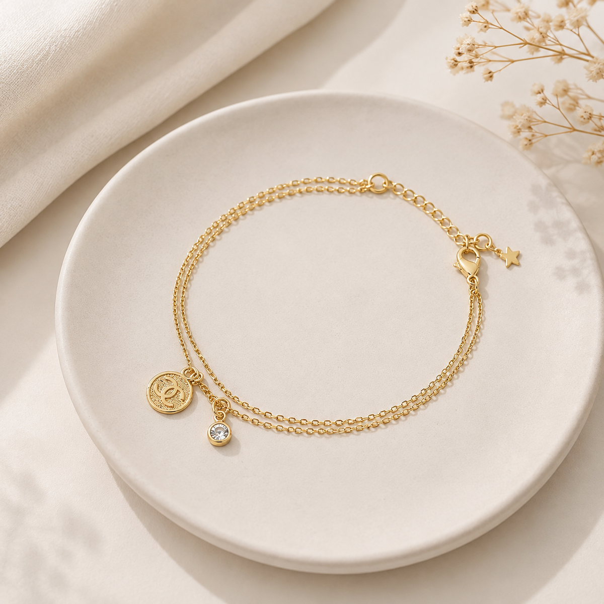 Pulseira Dupla Cartier + Ponto/Vírgula Medalinha Ouro 18k