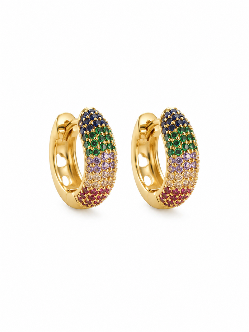 Brinco Argola Cravejada Fancy 5 Fileiras Zircônia Color G Ouro 18k
