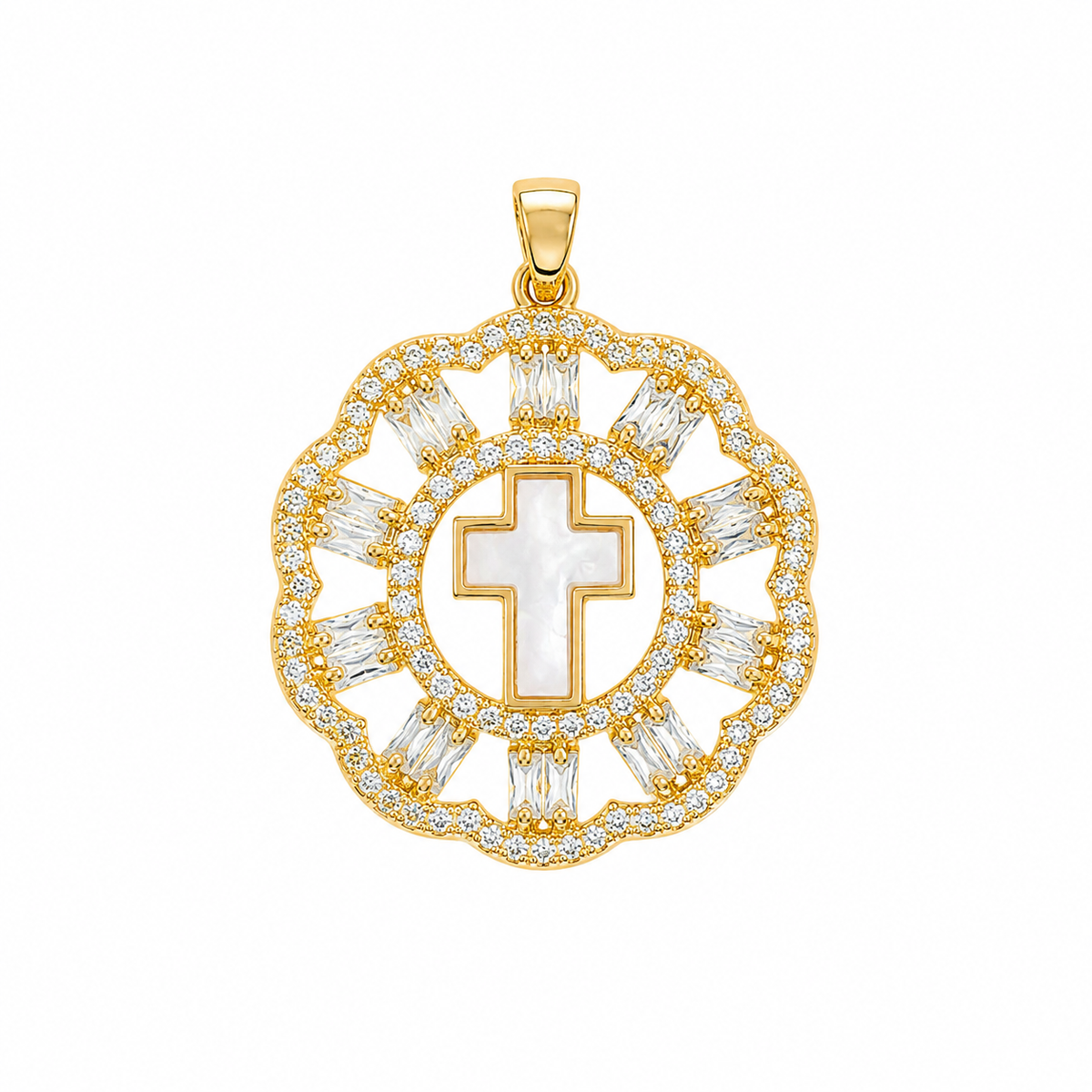 Pingente Cruz Madre Pérola Cravejada Ouro 18k