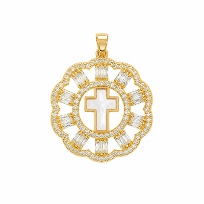 Pingente Cruz Madre Pérola Cravejada Ouro 18k