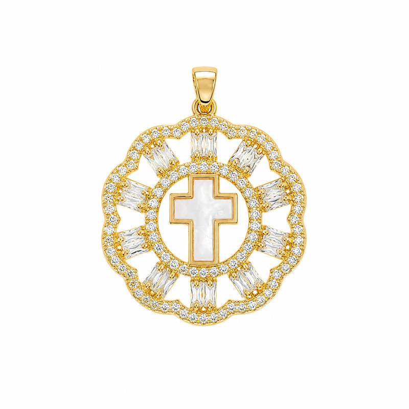 Pingente Cruz Madre Pérola Cravejada Ouro 18k
