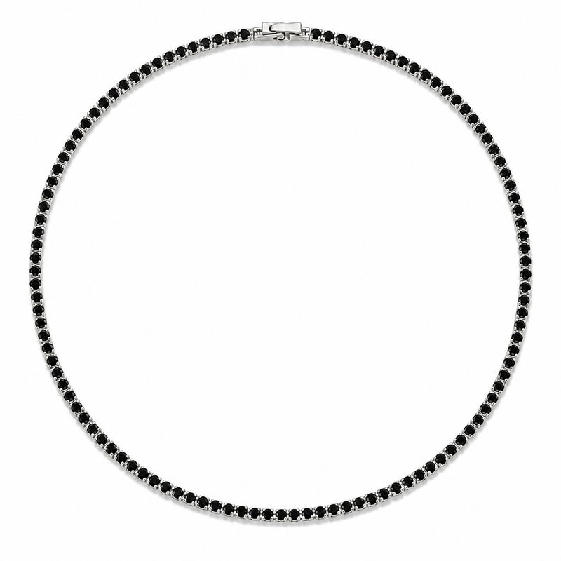Colar Riviera Quartzo Preto 2mm Ródio Branco