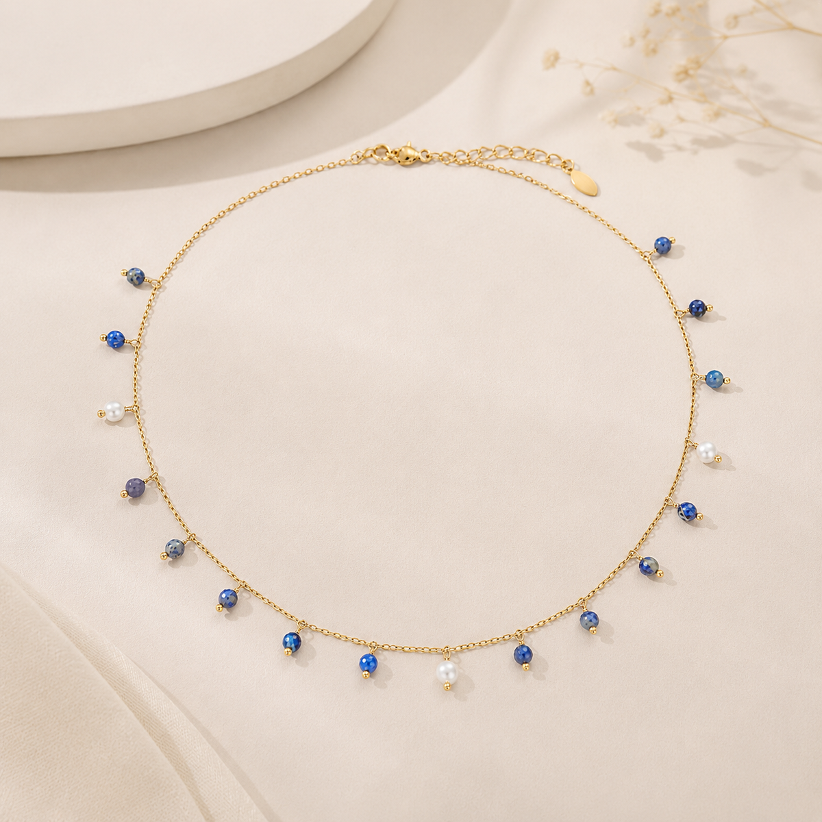 Choker Rondell com Pedra Natural Lapis Lazuli e Pérola Ouro 18k