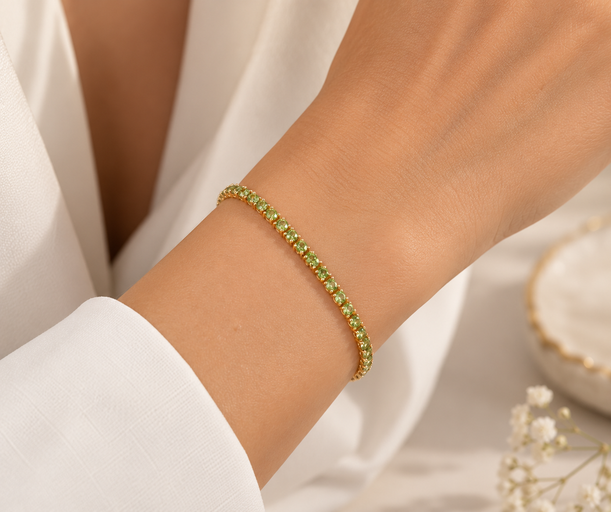 Pulseira Riviera Três Pontas Peridoto Ouro 18k