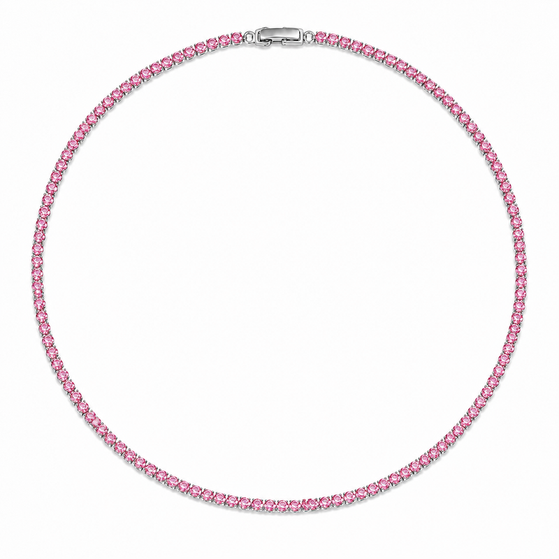 Colar Riviera Rosa 2mm Ródio Branco