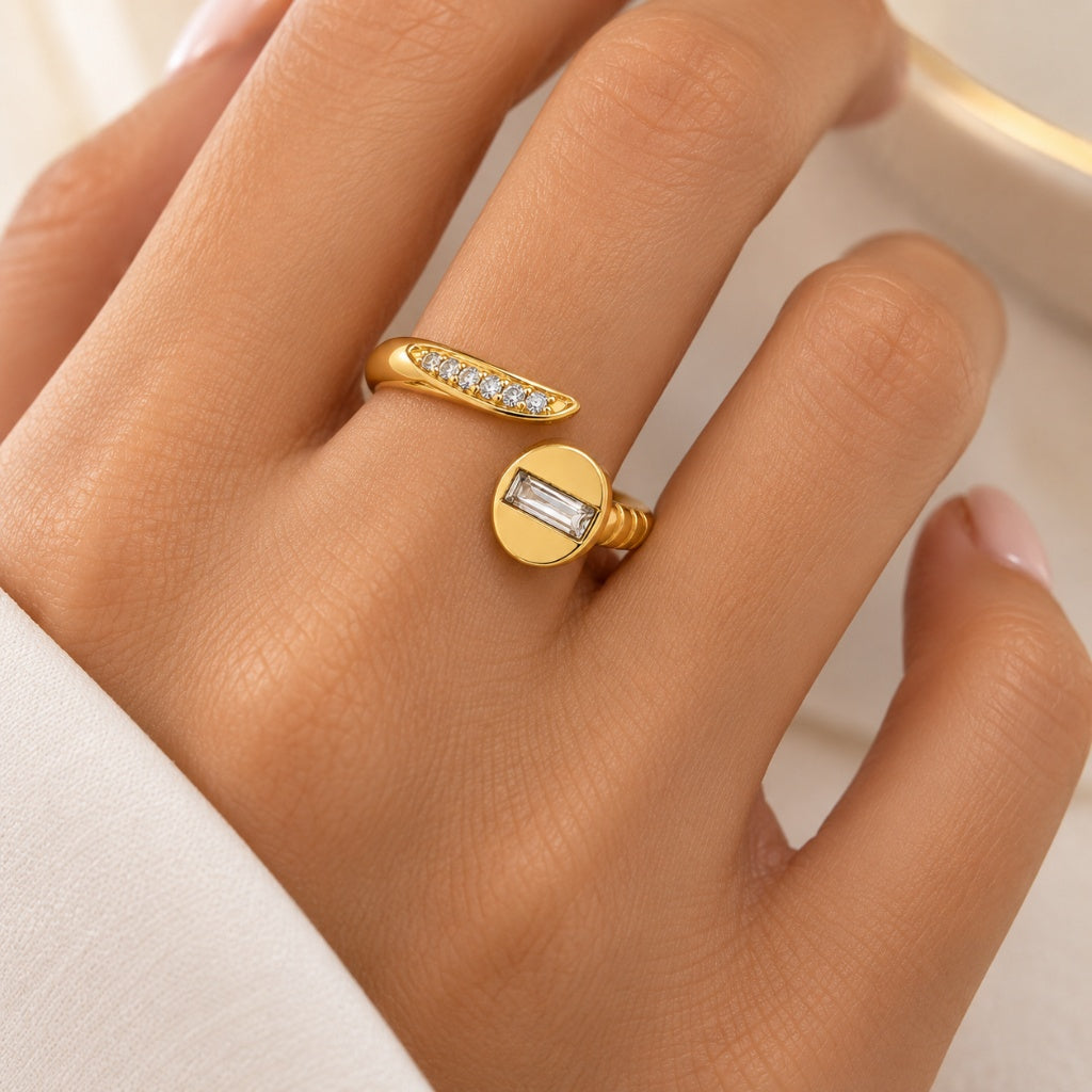Anel Prego Inspiração Cravejado Regulável Ouro 18k