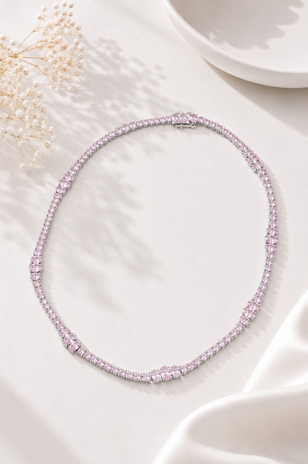 Colar Riviera Royale Quartzo Rosa Ródio Branco