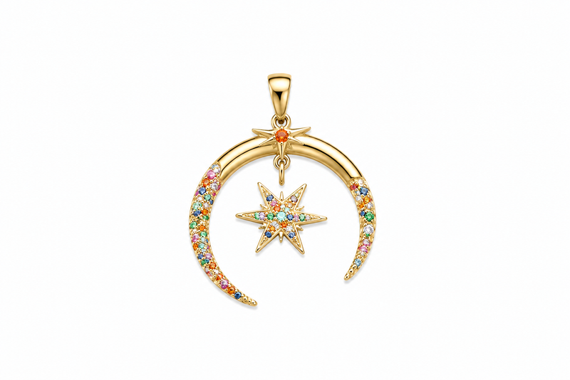 Pingente Lua e Estrela Cravejada Colorida Ouro 18k