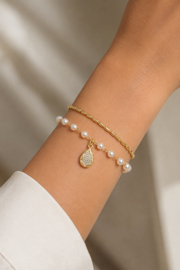 Pulseira Dupla Pérola com Ponto/Vírgula MontClair Ouro 18k