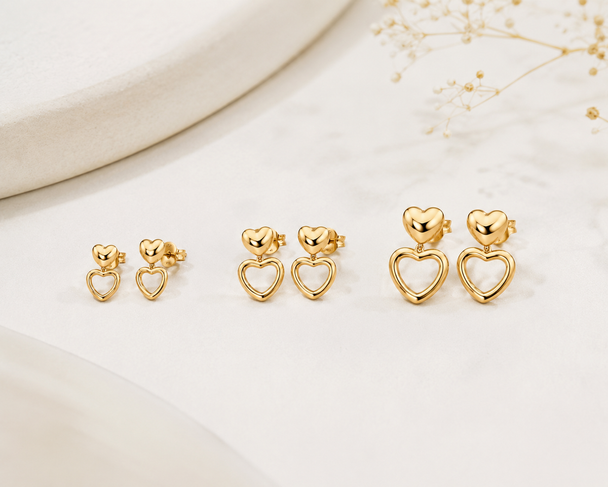 Brinco Trio Coração Duplo Ouro 18k