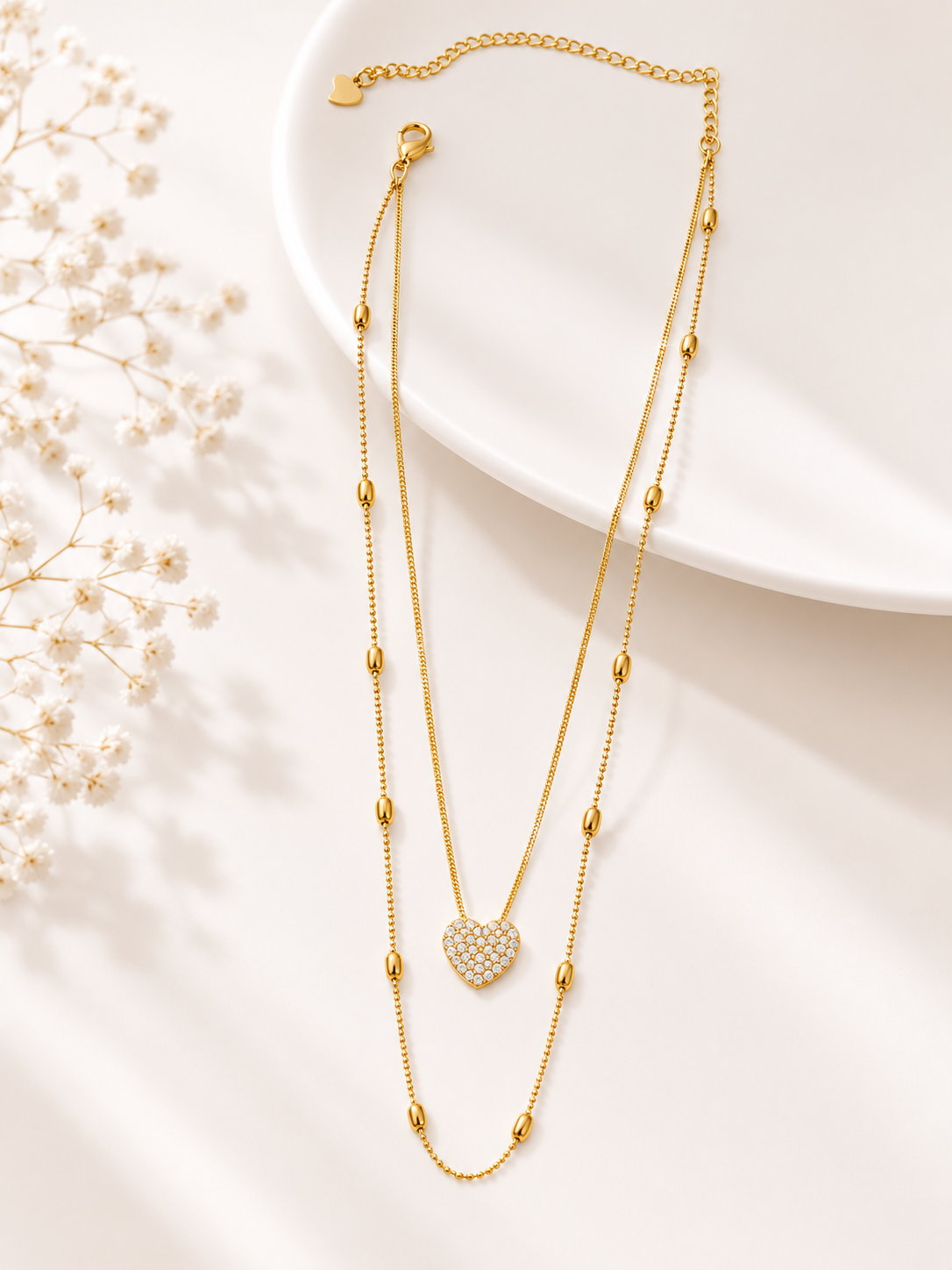 Colar Duplo Coração Micro Cravejado com Esferas MontClair Ouro 18k