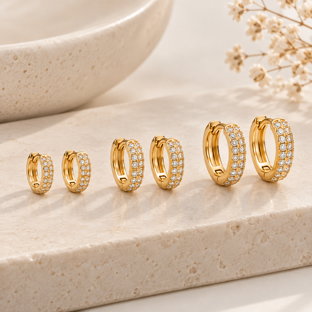 Brinco Trio Argola Duas Fileiras Zircônia Ouro 18k