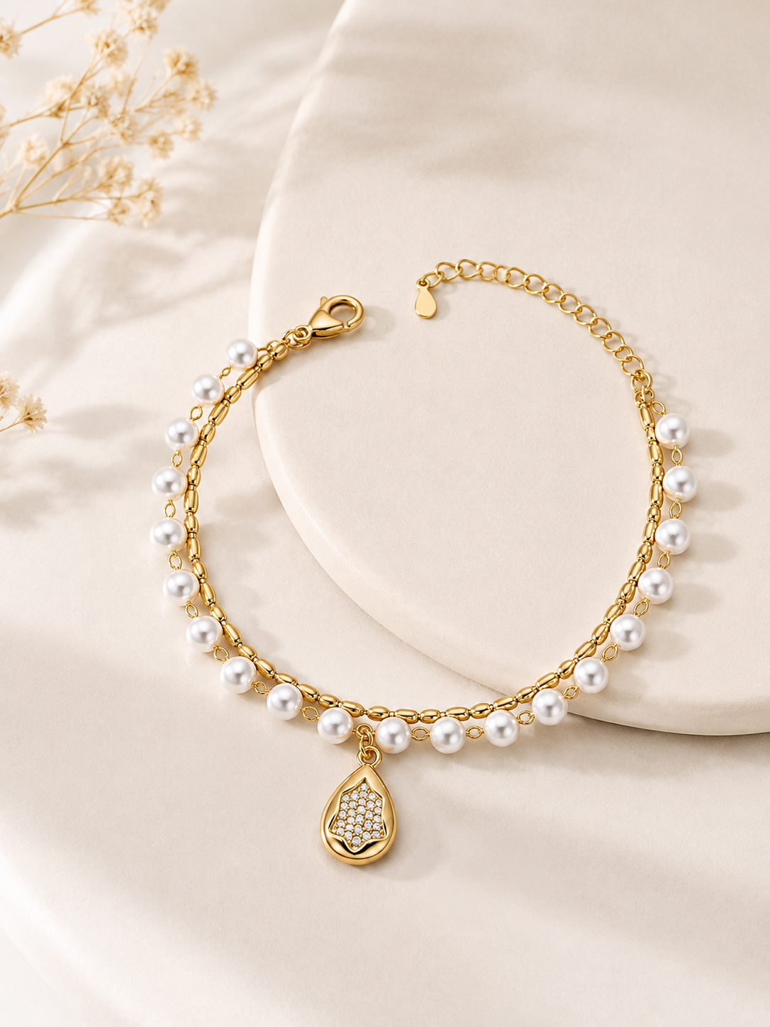 Pulseira Dupla Pérola com Ponto/Vírgula MontClair Ouro 18k