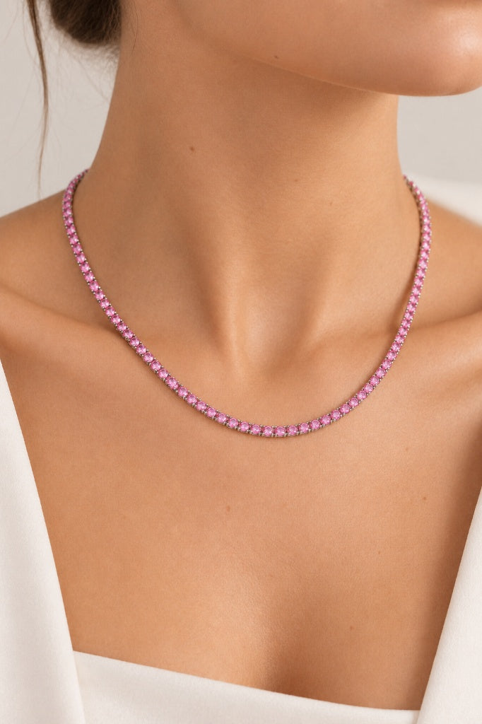 Colar Riviera Três Pontas Pink Ródio Branco