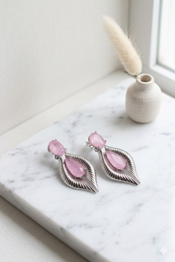 Brinco Aura Imperial Quartzo Rosa Ródio Branco