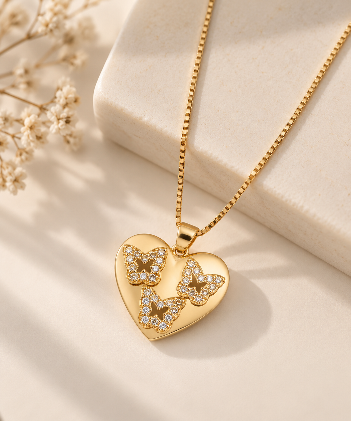 Colar Coração Borboleta Cravejada Ouro 18k