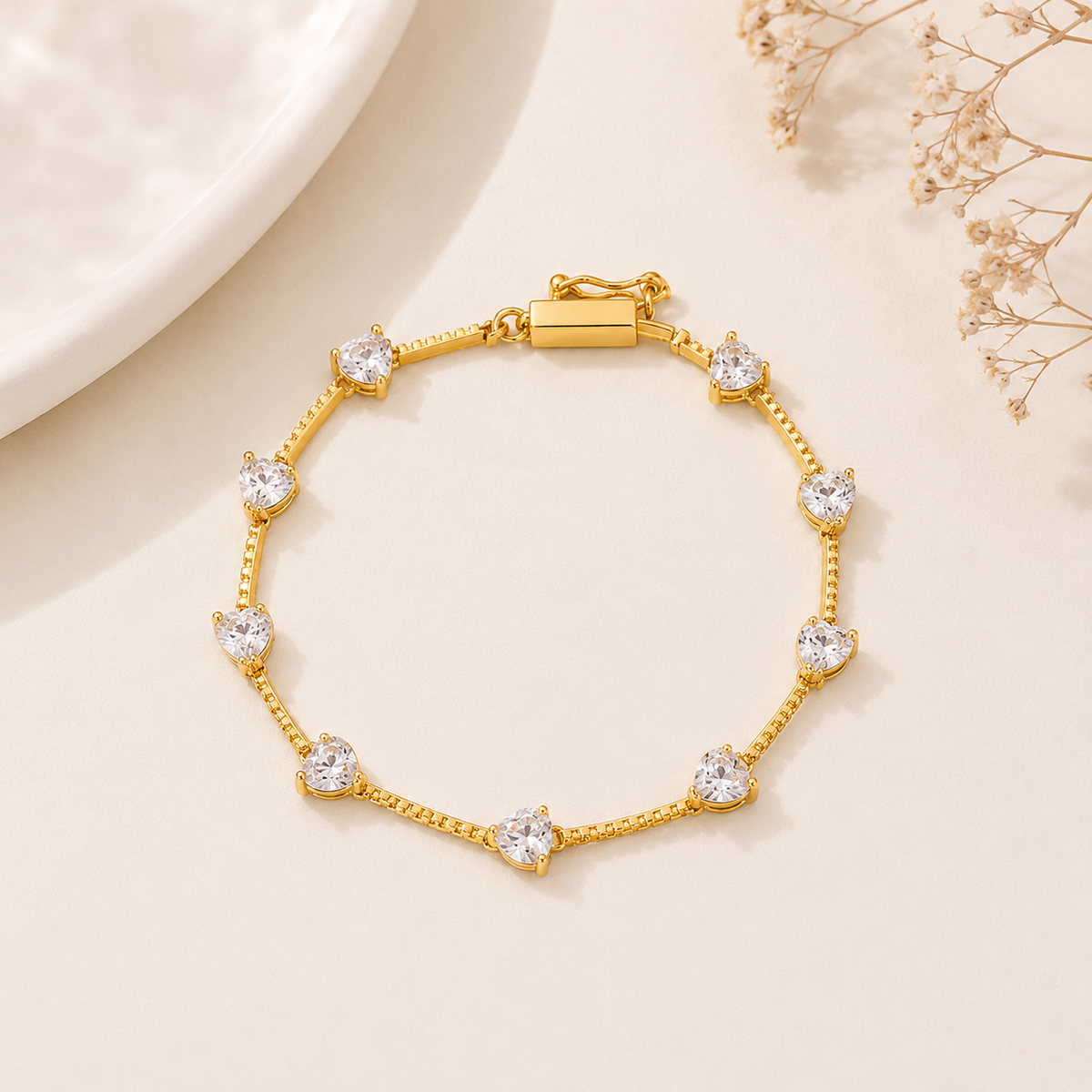 Pulseira Zircônia Coração Espaçado Ouro 18k