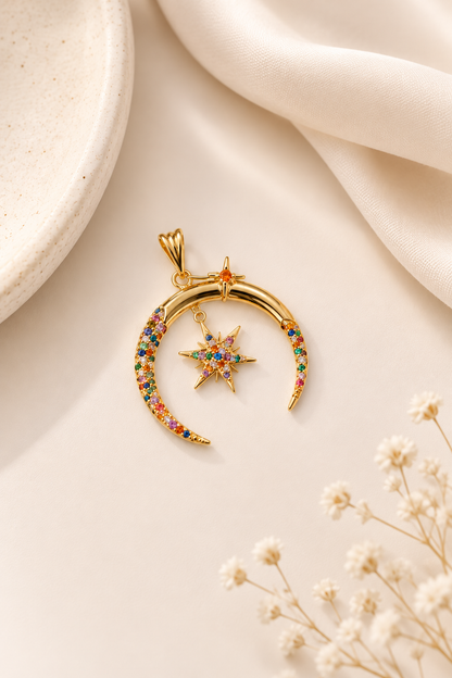 Pingente Lua e Estrela Cravejada Colorida Ouro 18k