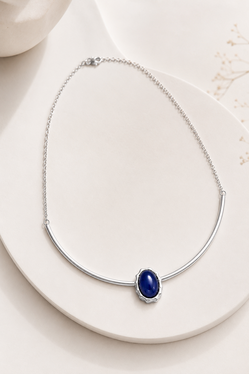 Colar Aro Deusa Safira Azul Ródio Branco