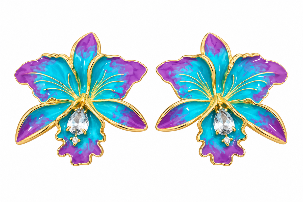 Scarlat SKU 15104 foto 1 | Brinco Orquídea  Esmaltado Ouro 18k