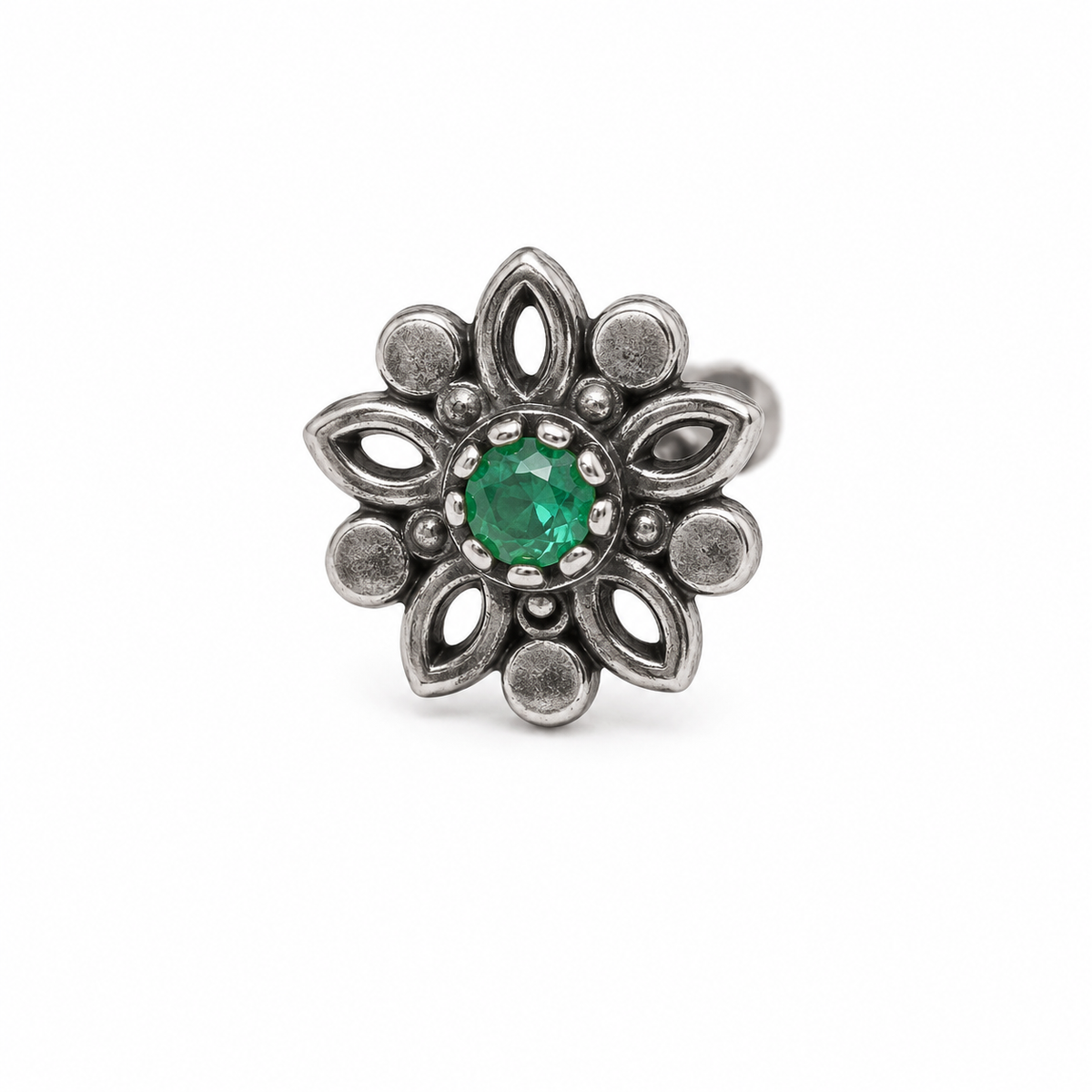 Piercing Envelhecido Reto Flor Verde Micro Zircônia Prata 925
