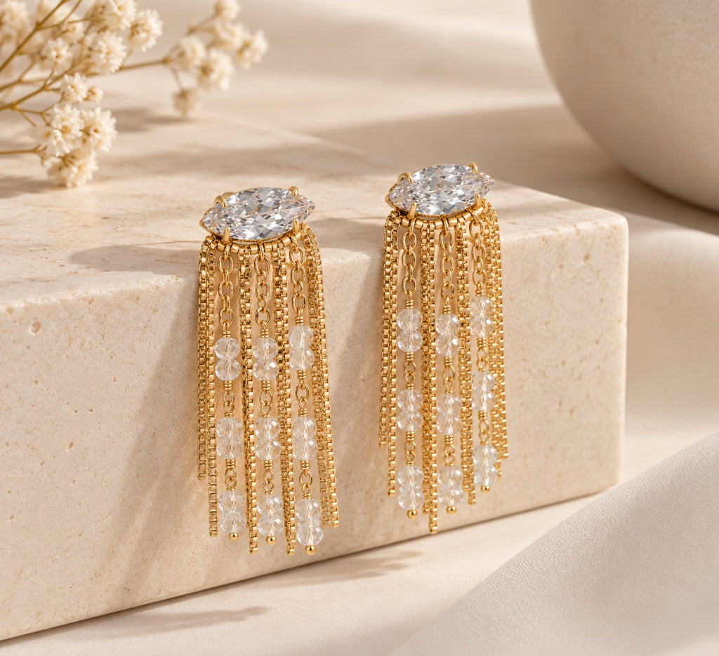 Brinco Franja com Zircônia Cristal Ouro 18k