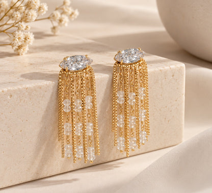 Brinco Franja com Zircônia Cristal Ouro 18k