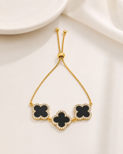 Pulseira Inspiração Trevo Micro Zircônia Preto com Regulagem Ouro 18k
