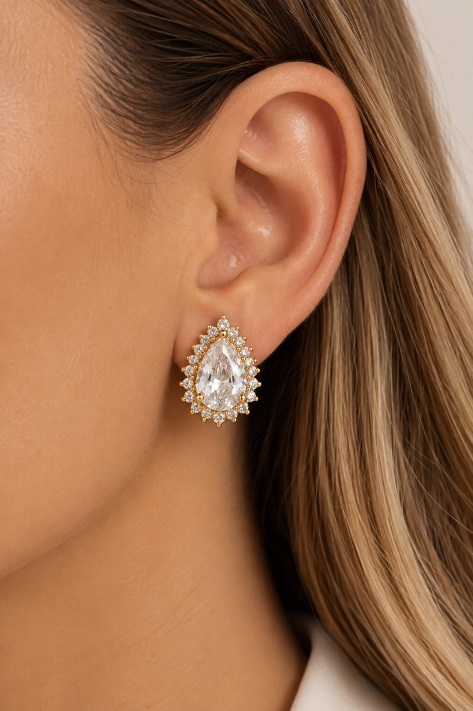 Brinco Gota Cristal com Cravação Microzircônias Ouro 18k