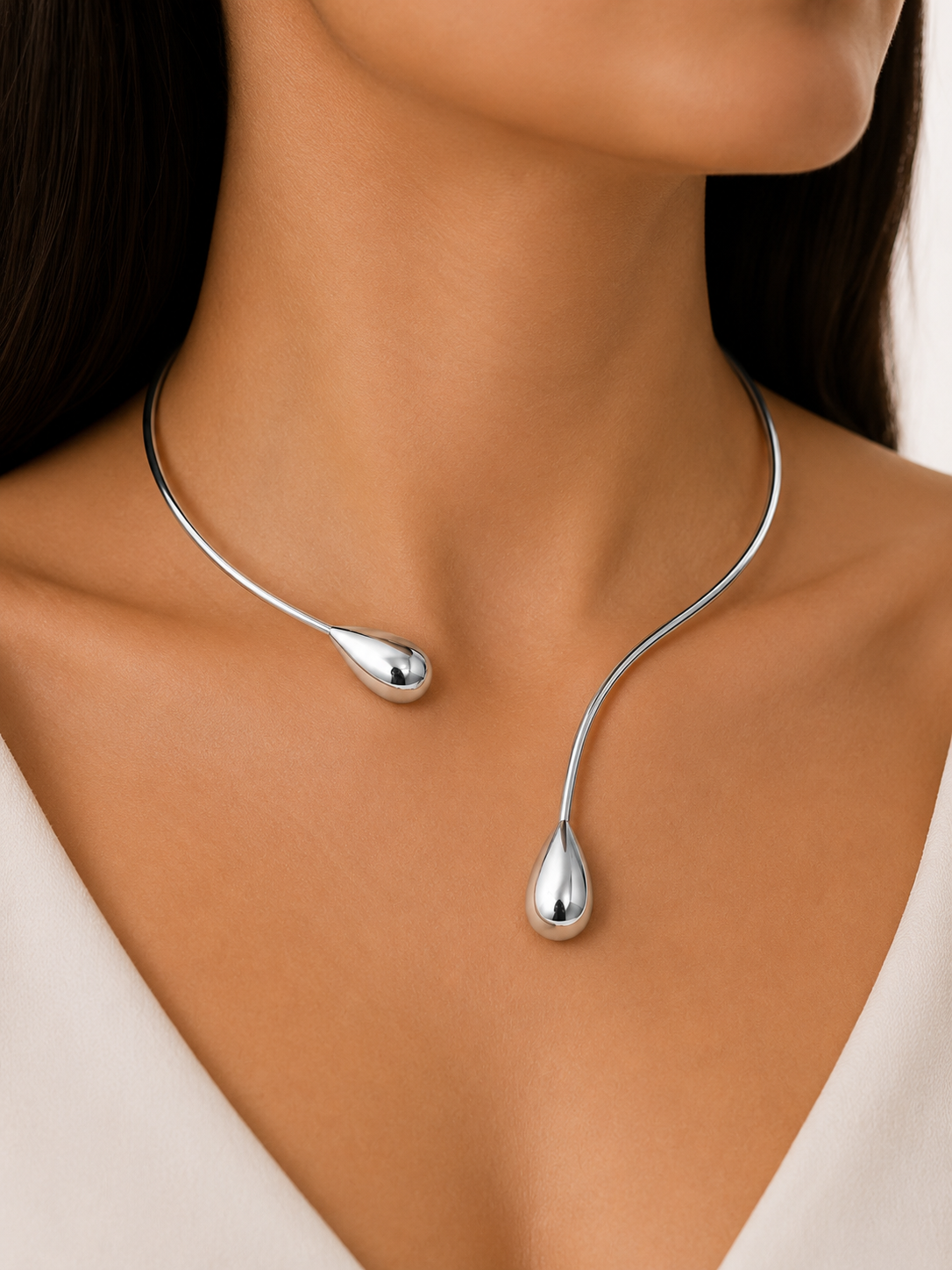 Choker Aro Duas Gotas Ródio Branco