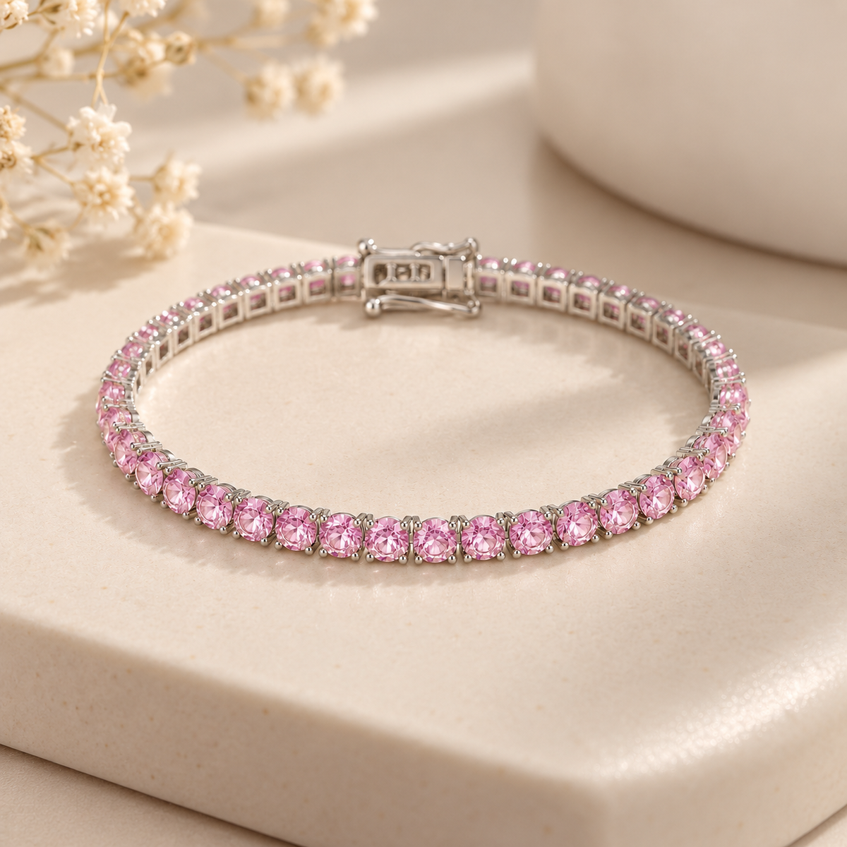 Pulseira Riviera Três Pontas Quartzo Rosa Ródio Branco