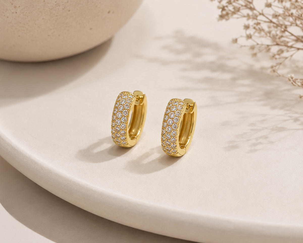 Brinco Argola Cravejada 3 Fileiras Zircônia M Ouro 18k