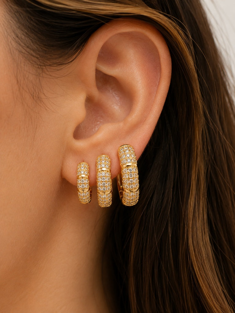 Brinco Trio Fancy Cravejado Zircônias Ouro 18k