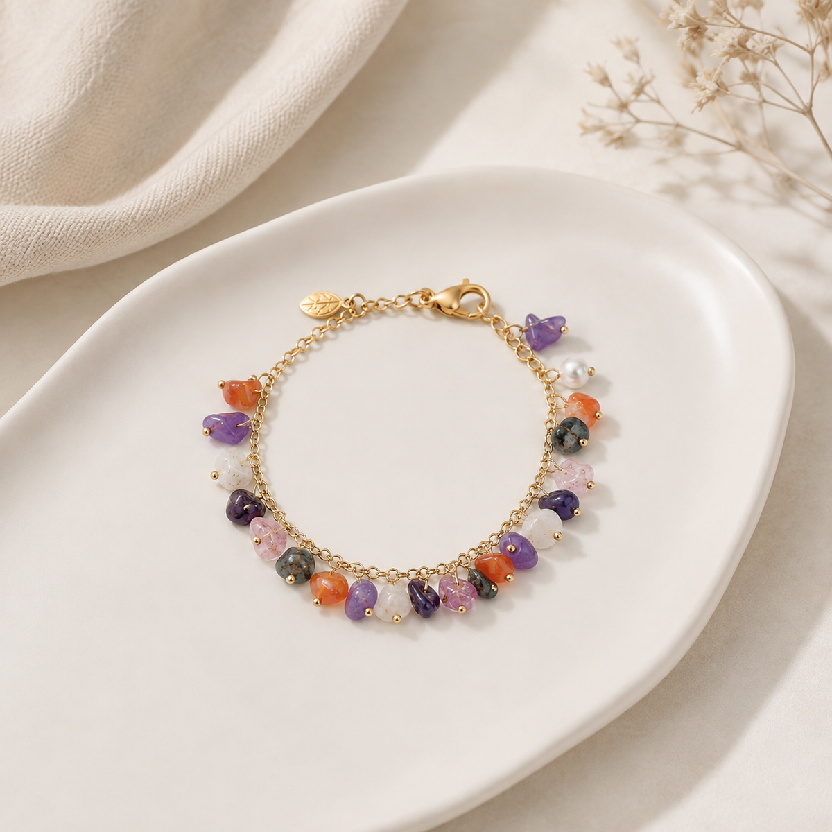 Pulseira com 21 Cascalhos Naturais Ouro 18k