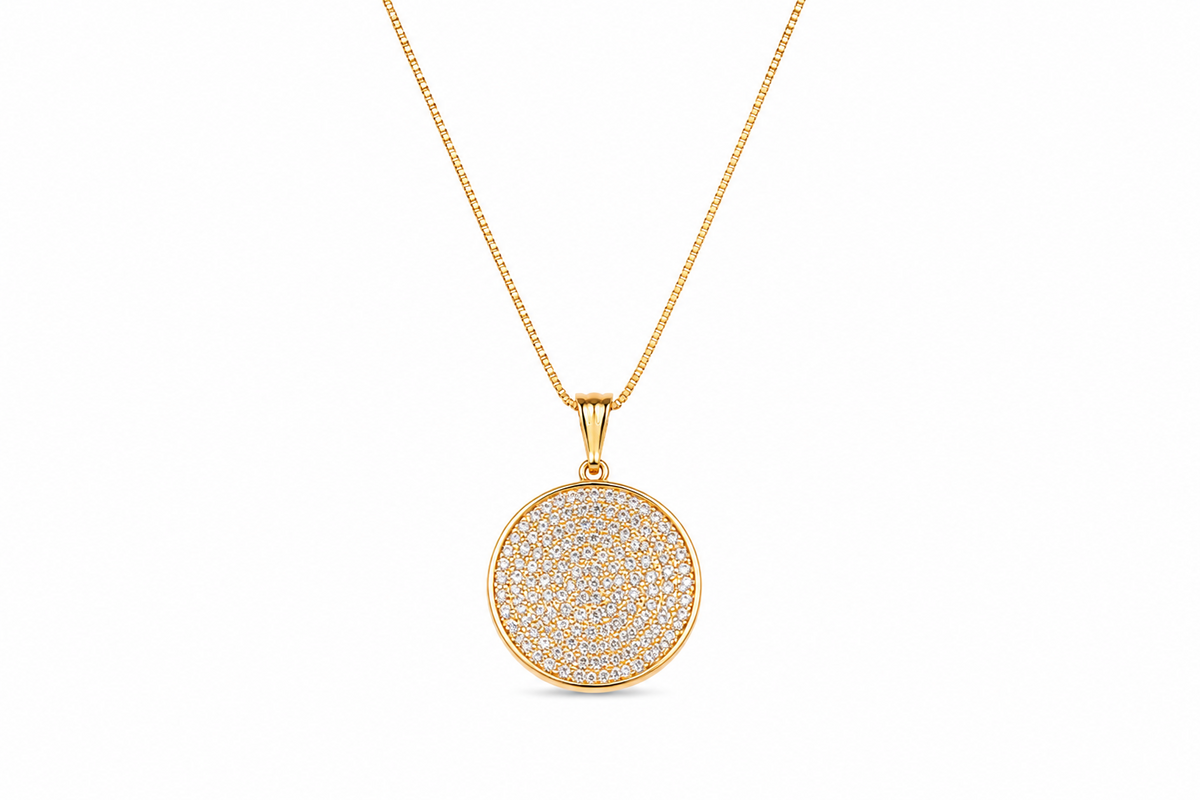 Colar Veneziana com Pingente Círculo Cravejado Ouro 18k