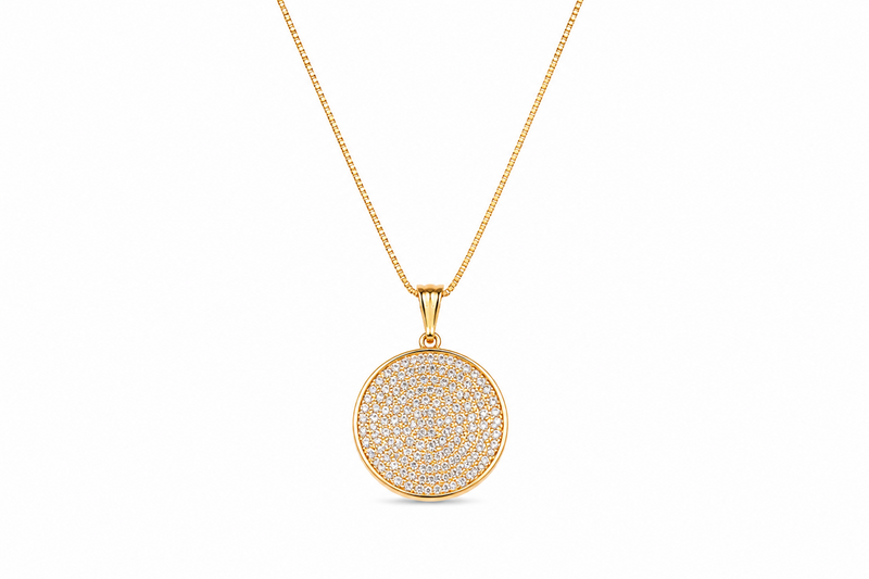 Colar Veneziana com Pingente Círculo Cravejado Ouro 18k