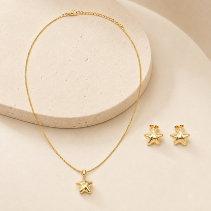 Conjunto Estrela Lisa Ouro 18k