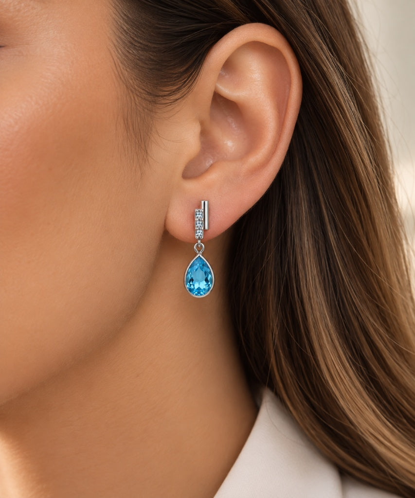 Brinco Pendulo Gota Azul Prata 925