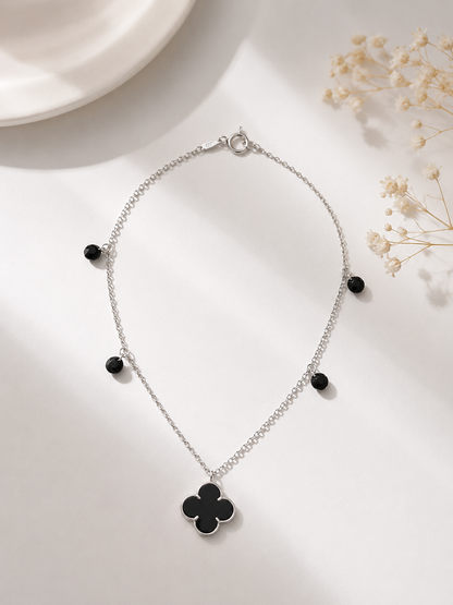 Pulseira Van Cleef Preto com Pedra Pendurada Prata 925