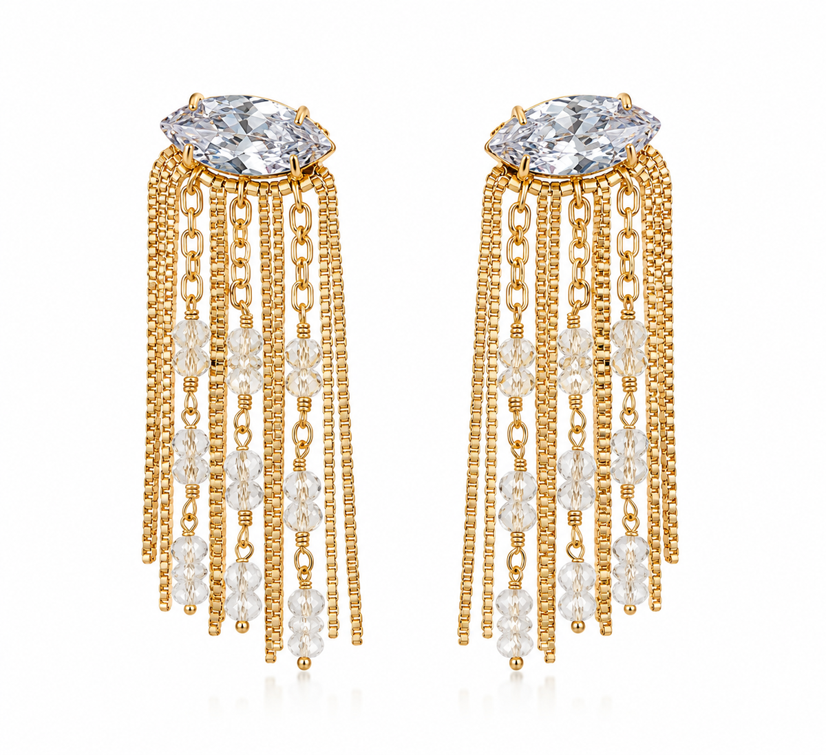 Brinco Franja com Zircônia Cristal Ouro 18k
