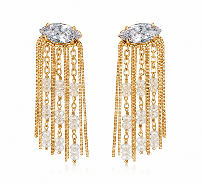 Brinco Franja com Zircônia Cristal Ouro 18k