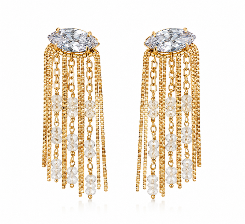 Brinco Franja com Zircônia Cristal Ouro 18k