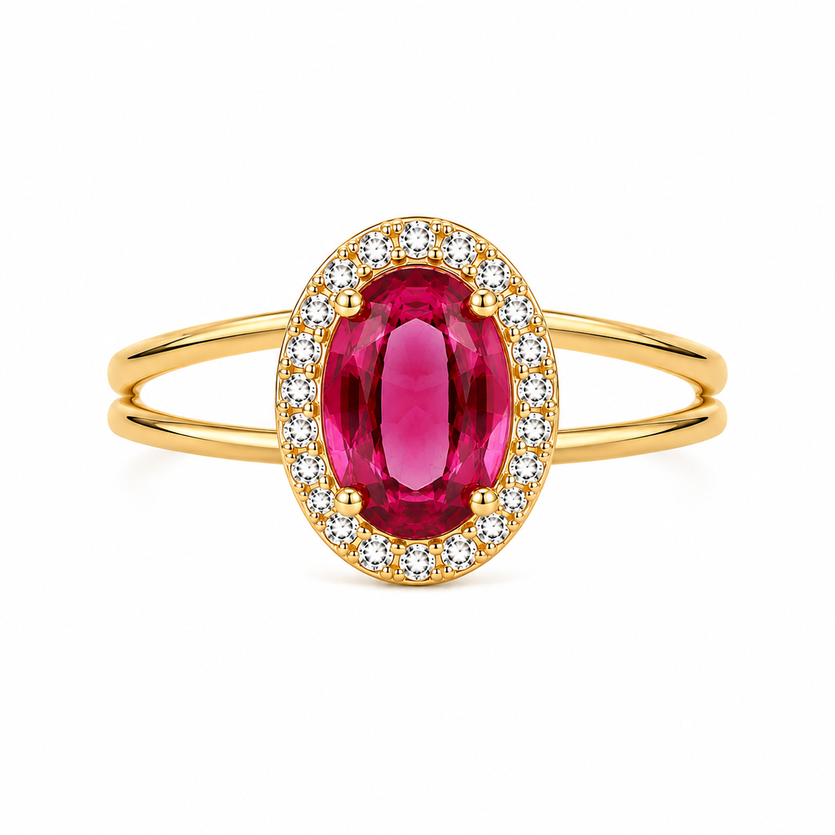 Anel Pedra Oval Rubi Cravejado Ouro 18k